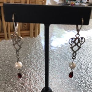 Earrings - Sterling Silver - Pearl and Garnet. 2-1/2” Drop